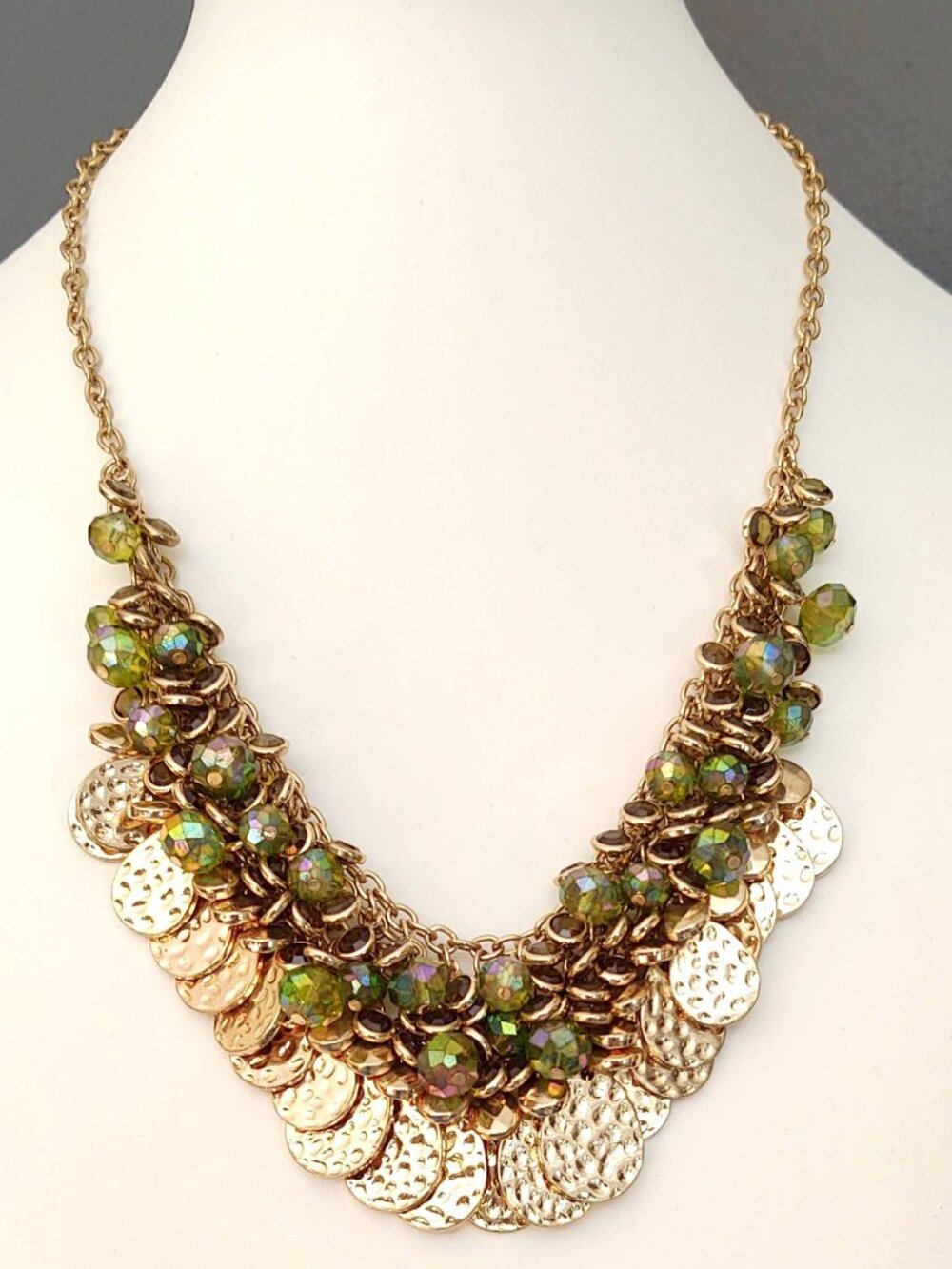 Green iridescent bead and textured gold metal necklace